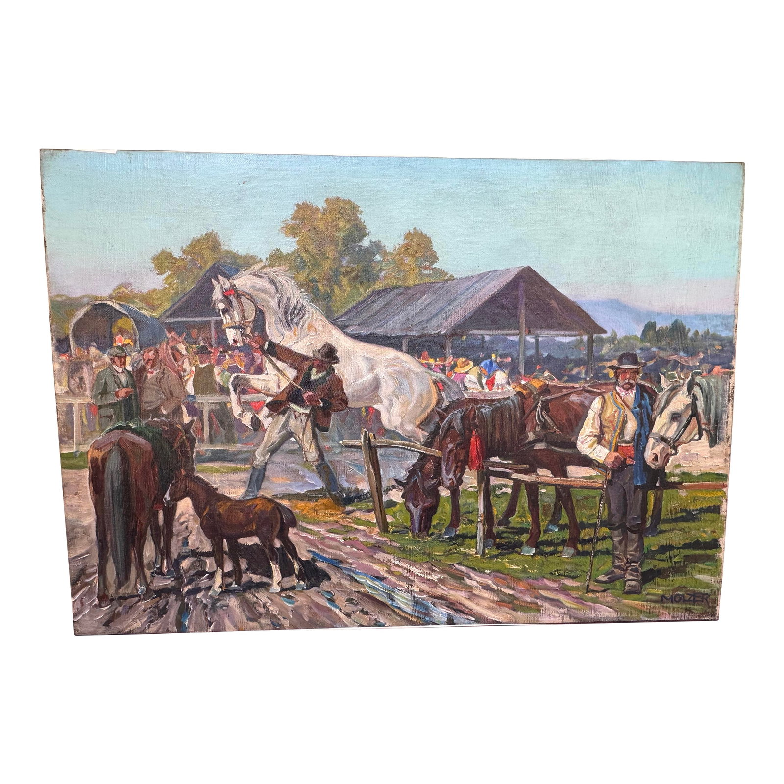 Vintage Painting on Canvas of Hungarian Horse Race- Signed: Beautiful large painting on canvas featuring a Hungarian horse race day! I traveled to Budapest once and witnessed the horse race that took place in the city square. Winning horses and their riders