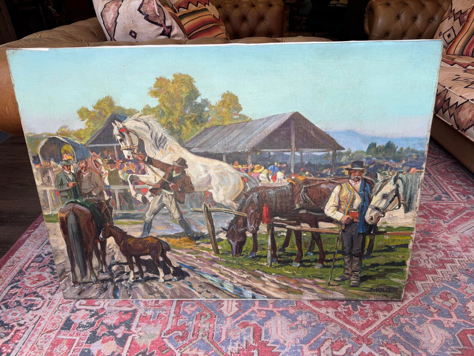 Vintage Painting on Canvas of Hungarian Horse Race- Signed - 2