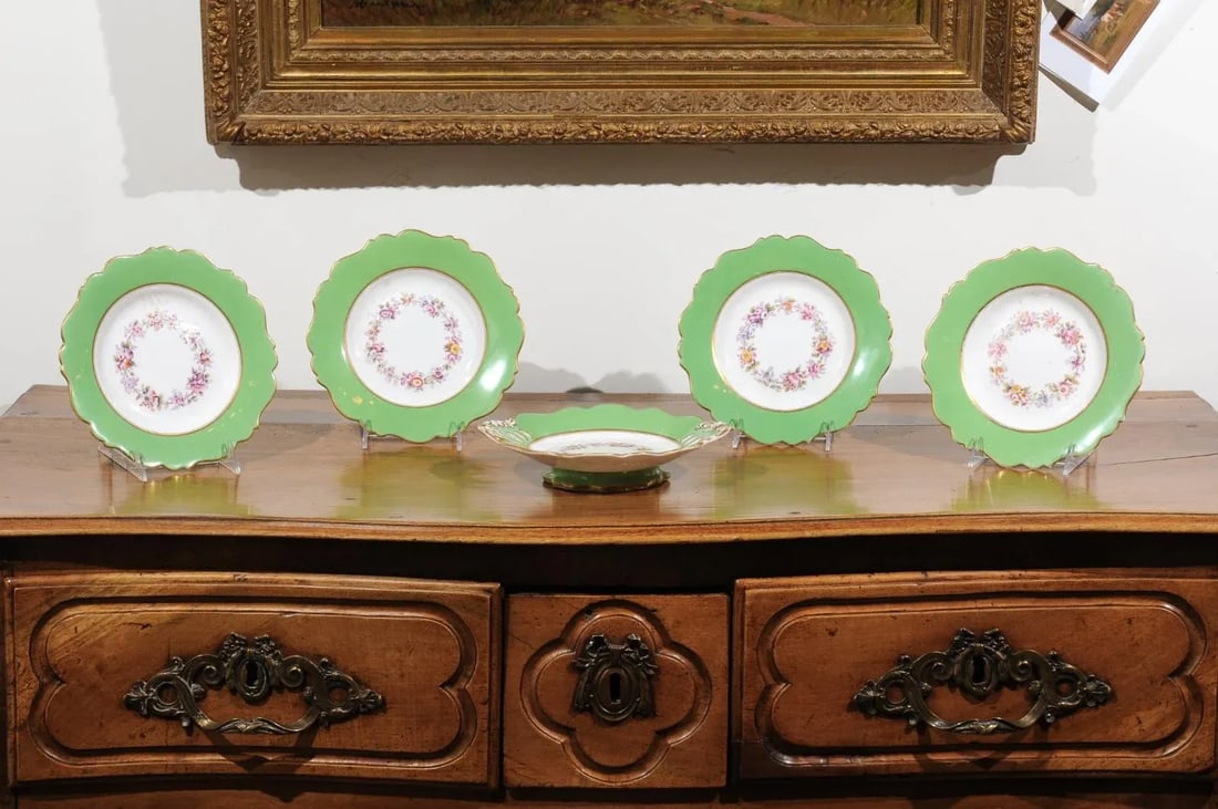 Antique Ridgway Porcelain Compote with Green Rim & Floral Decor - 3