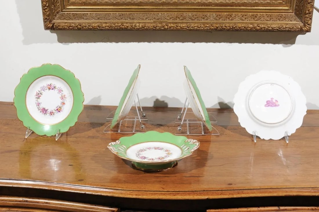 Antique Ridgway Porcelain Compote with Green Rim & Floral Decor - 7