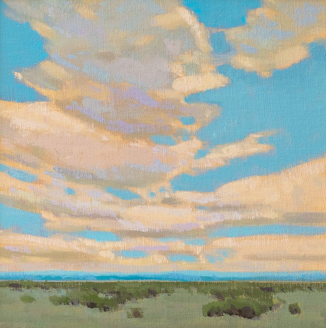 View From Hess by Michael Magrin | Oil On Linen Landscape with clouds and horizon.: This oil on linen painting captures a serene landscape, showcasing a vast expanse of sky filled with soft, billowing clouds that transition from warm hues to cool tones. The gentle interplay of light 
