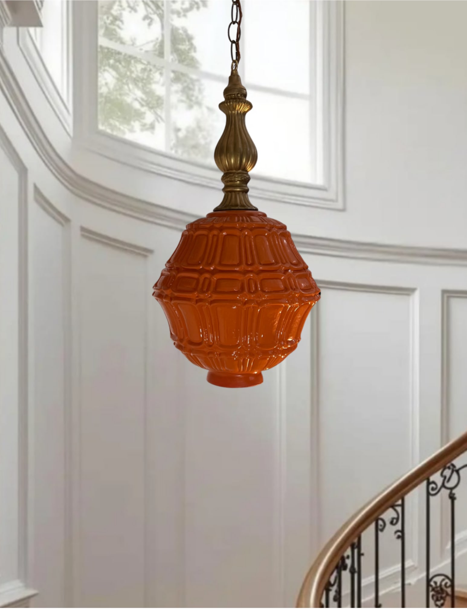 Mid-Century Distressed Orange Pressed Glass Pendant Light - 2