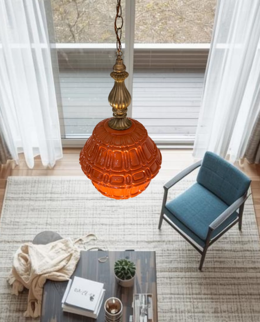 Mid-Century Distressed Orange Pressed Glass Pendant Light - 4