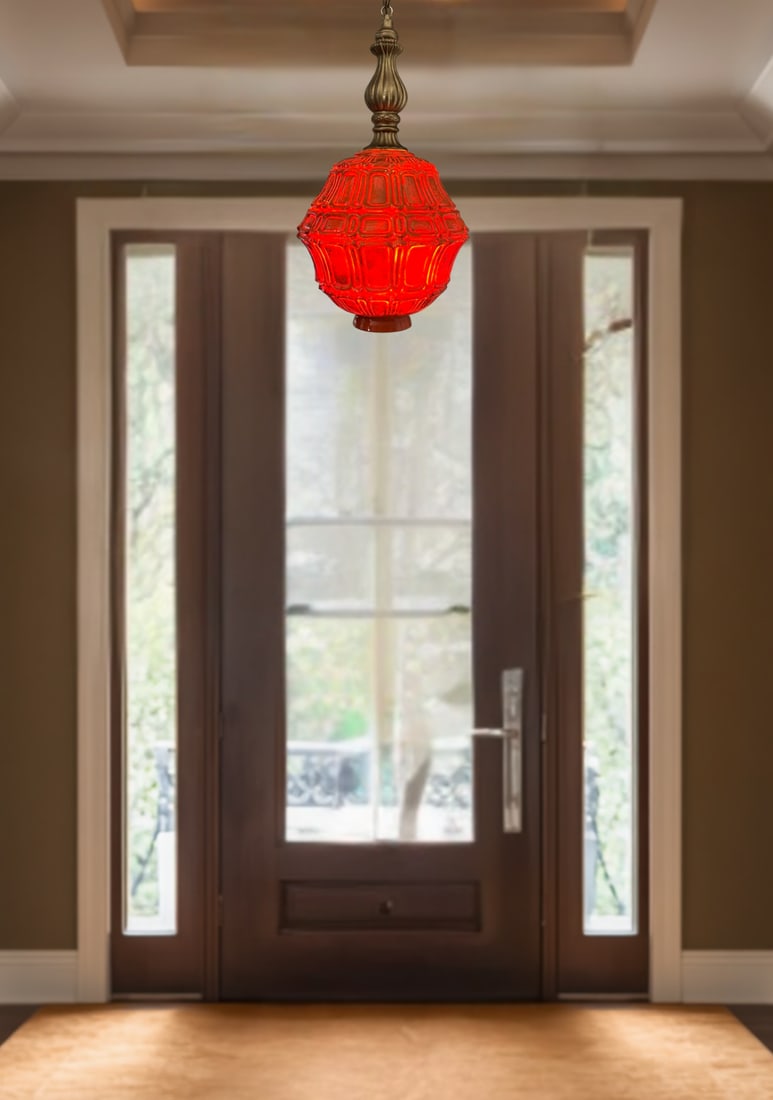 Mid-Century Distressed Orange Pressed Glass Pendant Light - 7