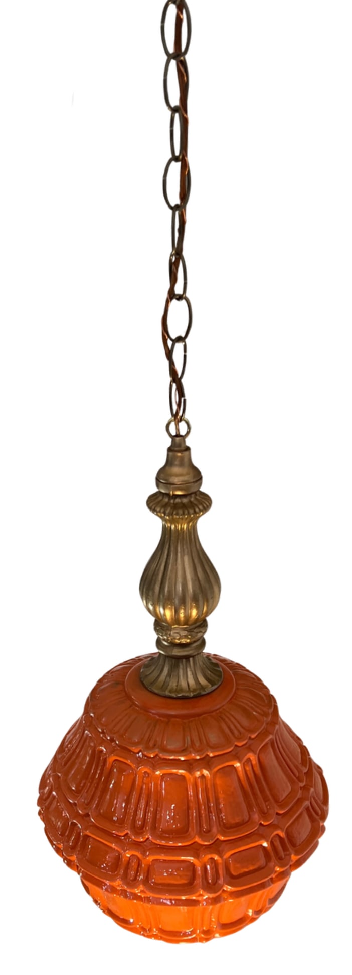 Mid-Century Distressed Orange Pressed Glass Pendant Light - 8