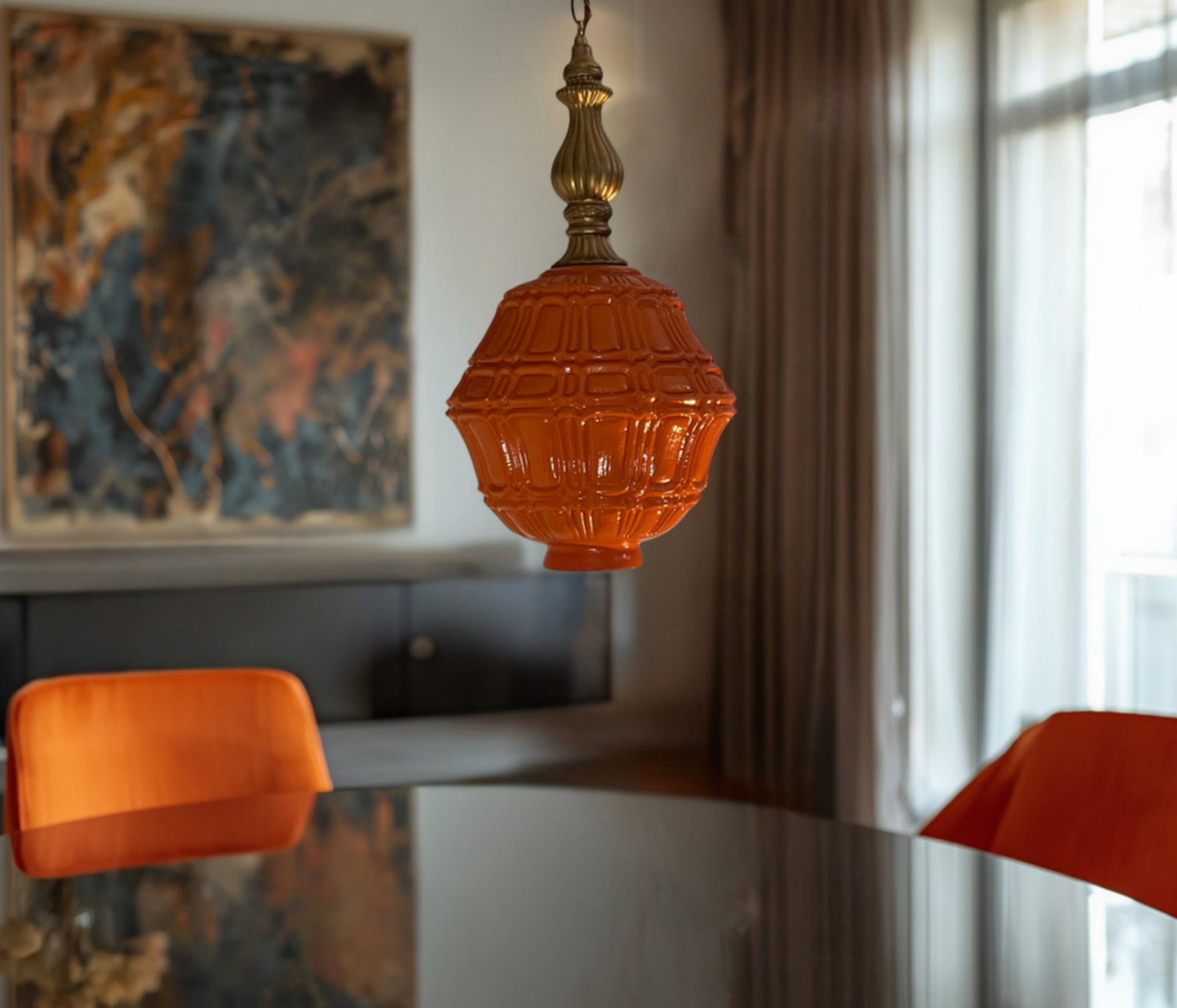 Mid-Century Distressed Orange Pressed Glass Pendant Light - 9
