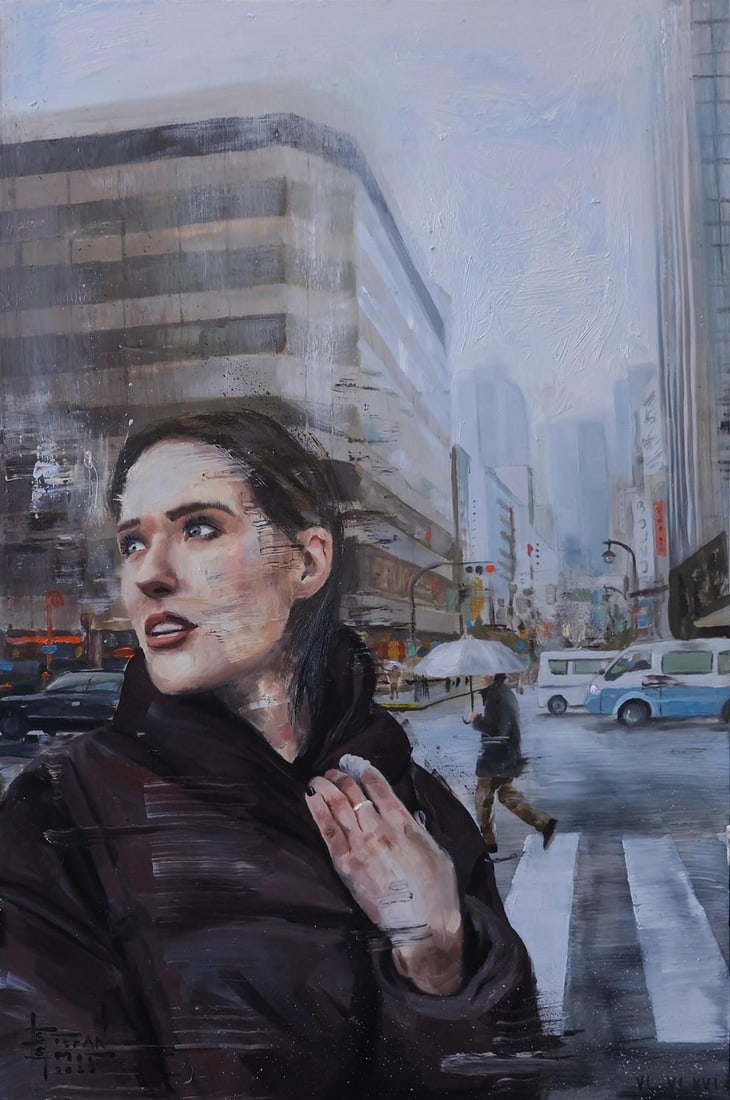 Bound by Stefan Smit | Oil on Panel Woman in a city street looking upwards on a rainy day.: The artwork depicts a figure in a dark coat, gazing upwards amidst a bustling urban scene, where blurred figures navigate a rainy street. The muted colors and soft brushwork create a sense of introspe