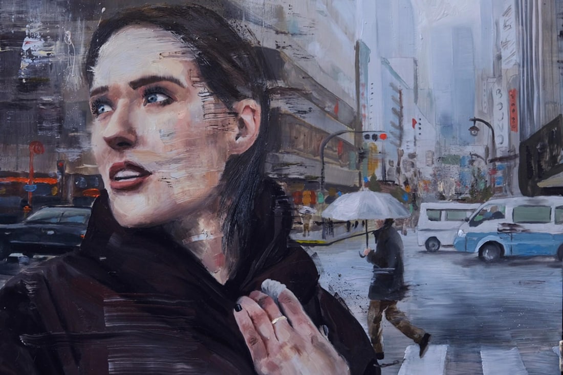 Bound by Stefan Smit | Oil on Panel Woman in a city street looking upwards on a rainy day. - 2