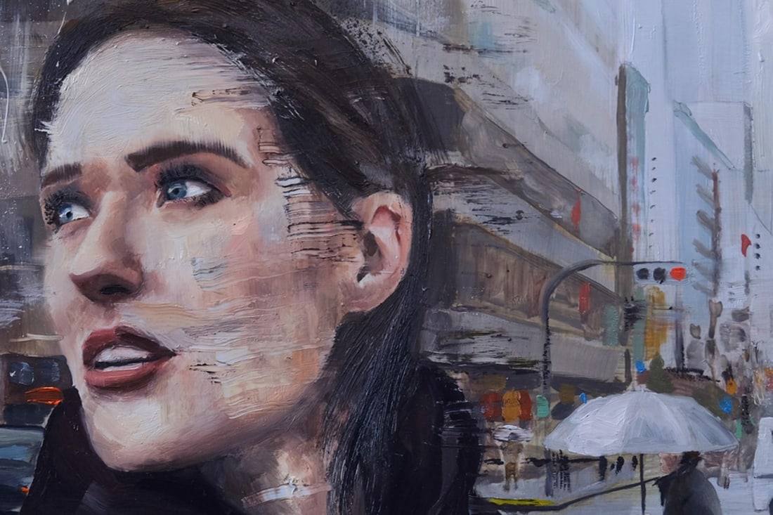 Bound by Stefan Smit | Oil on Panel Woman in a city street looking upwards on a rainy day. - 3