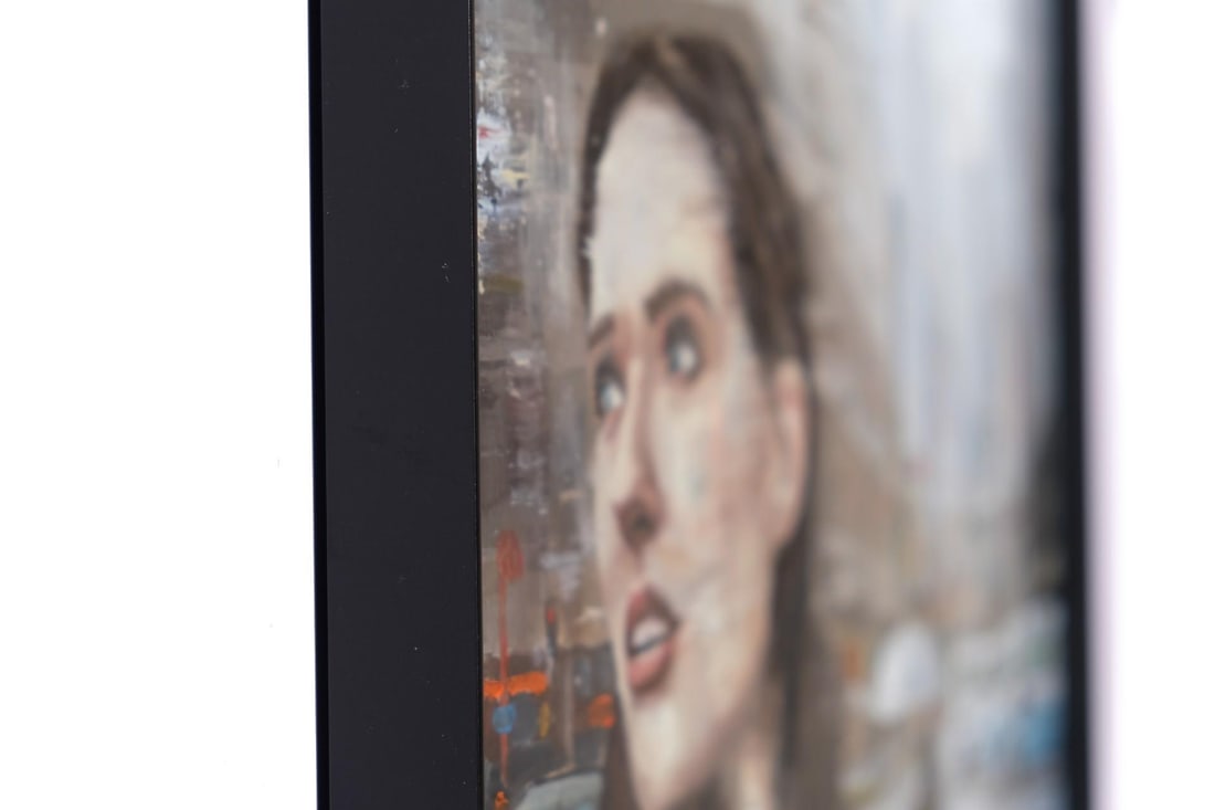 Bound by Stefan Smit | Oil on Panel Woman in a city street looking upwards on a rainy day. - 4