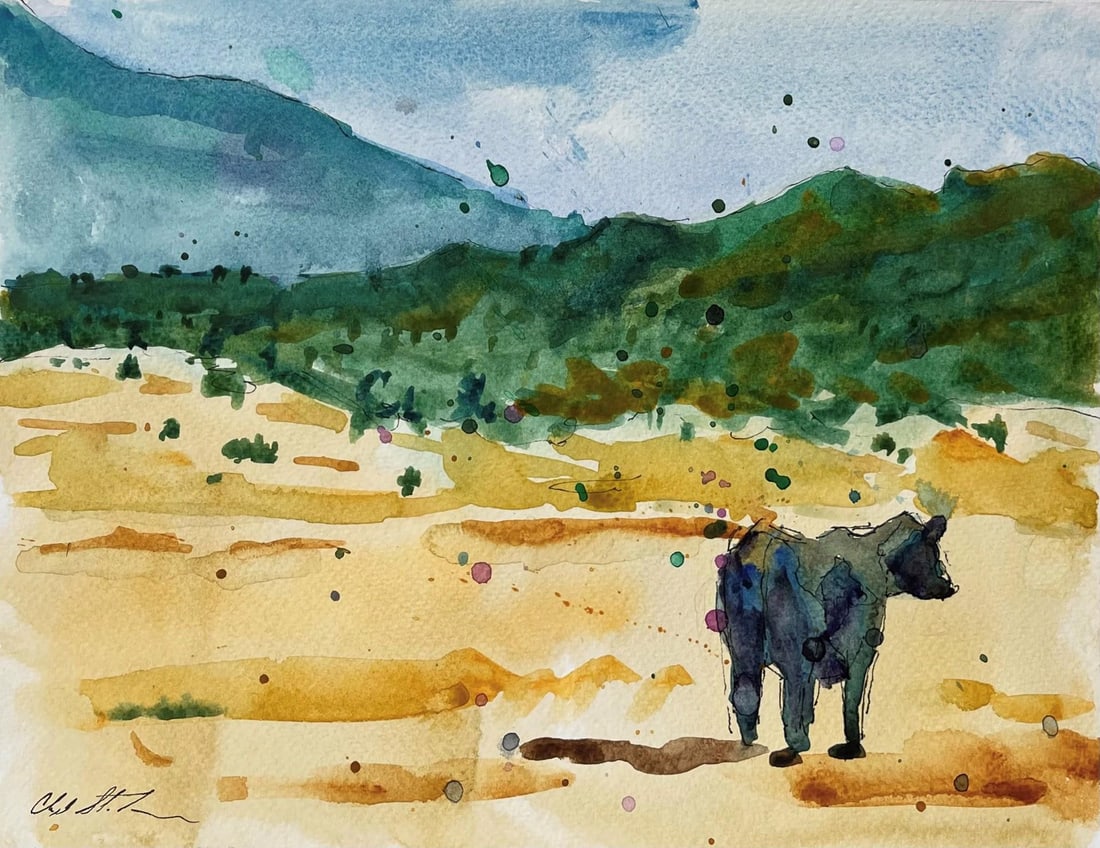 Untitled 4 by Clyde Steadman | Watercolor on paper of a cow in a landscape with hills - 2