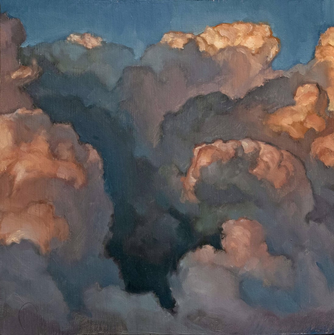 Cloud Composition 3 by Jesse Mangerson | Oil On Panel Painting of clouds in various colors: Cloud Composition 3 presents a dynamic interplay of soft, billowing clouds rendered in rich oil pigments. The warm hues of peach and amber contrast beautifully against deeper, cooler tones, creating