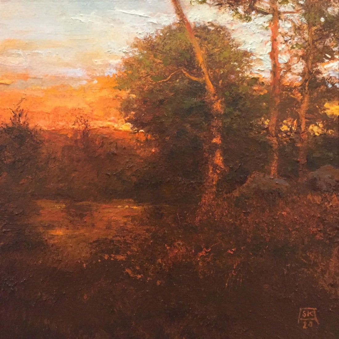 Ghost Pines 2 by Shawn Krueger | Oil on Artefex ACM panel Landscape with pine trees at sunset - 2
