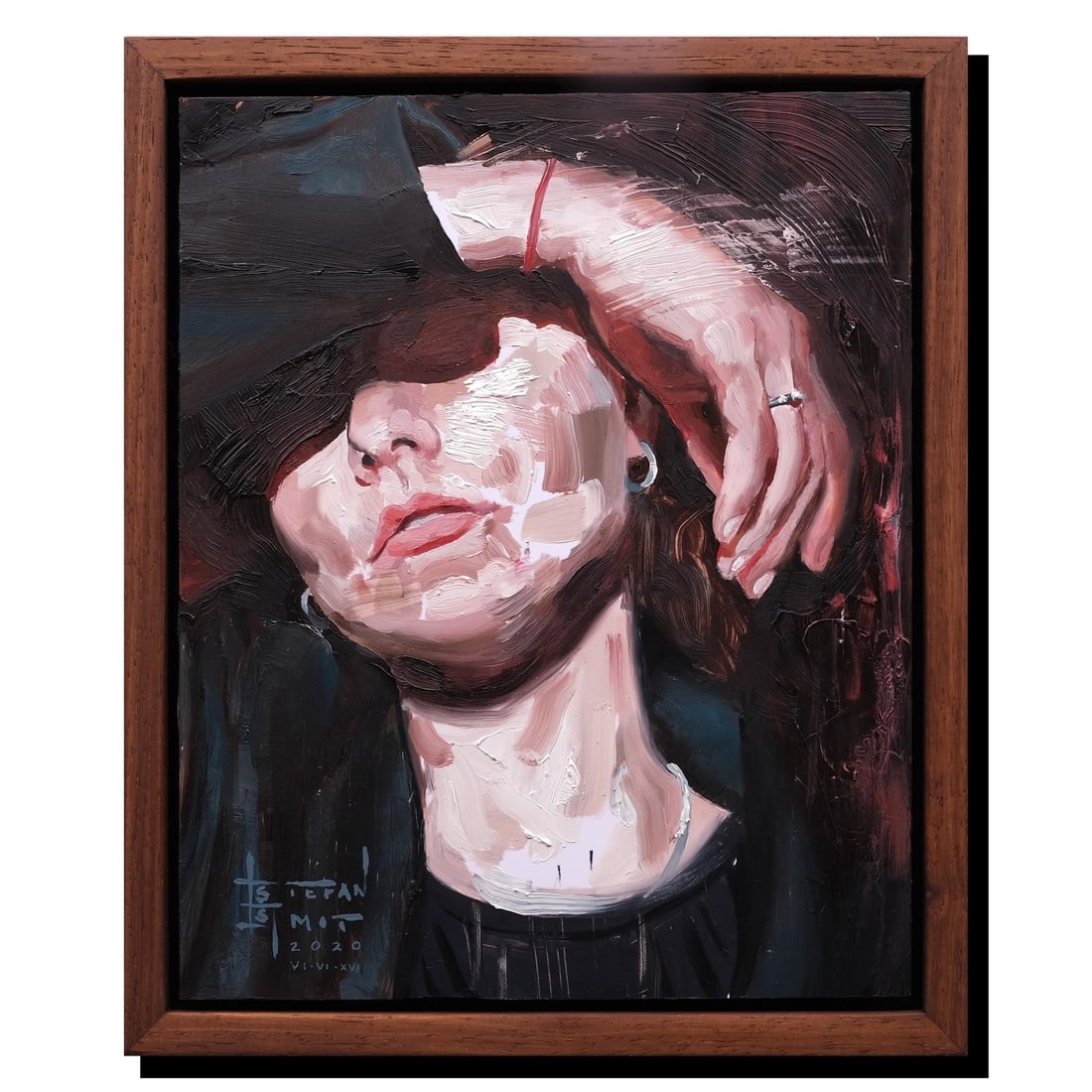 Lacking Embers by Stefan Smit | Oil on Panel Portrait of a Person with a Hat and Hand Raised: Lacking Embers presents a figure partially obscured by a hat, with an expressive pose that conveys a sense of introspection and vulnerability. The thick, textured application of oil paint enhances