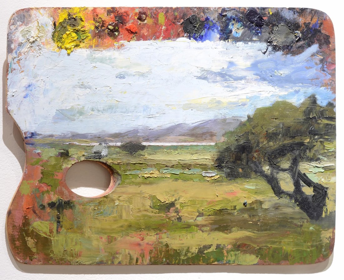 The Great Sand Dunes National Park by Caitlin Hurd | Oil on wood palette Landscape with dunes and sk: This artwork depicts a serene landscape inspired by the Great Sand Dunes National Park, capturing the expansive skies and rolling terrain with a sense of tranquility. The palette's textured surface