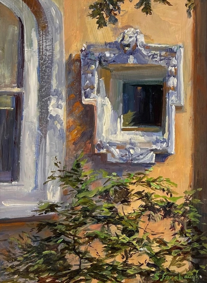 Garden Shadows by Sheri Farabaugh | Oil Painting of a mirror surrounded by greenery and wall.: Garden Shadows captures a serene moment where light and shadow dance across a textured wall adorned with an ornate mirror. The interplay of vibrant greens from the surrounding foliage against the