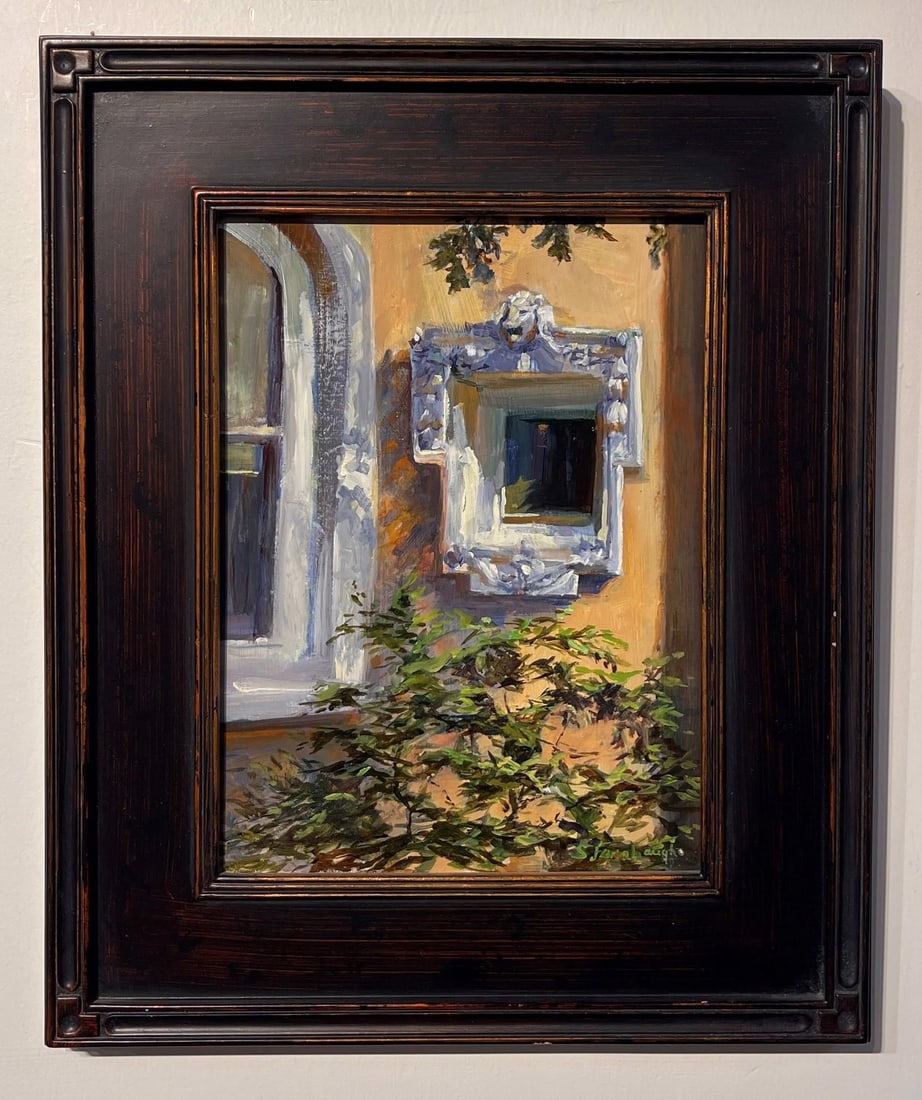 Garden Shadows by Sheri Farabaugh | Oil Painting of a mirror surrounded by greenery and wall. - 2
