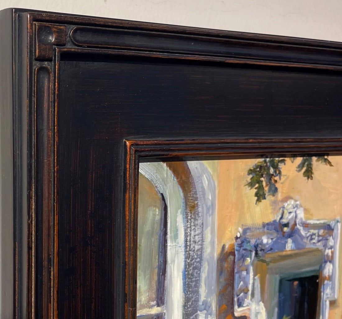 Garden Shadows by Sheri Farabaugh | Oil Painting of a mirror surrounded by greenery and wall. - 3