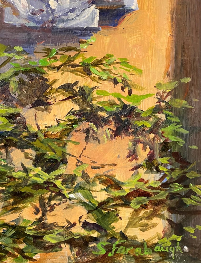 Garden Shadows by Sheri Farabaugh | Oil Painting of a mirror surrounded by greenery and wall. - 4