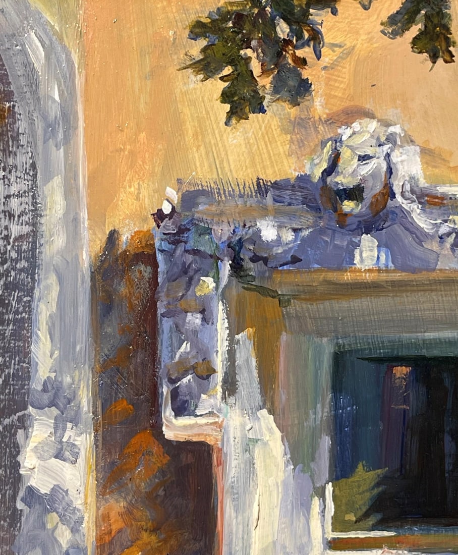 Garden Shadows by Sheri Farabaugh | Oil Painting of a mirror surrounded by greenery and wall. - 5