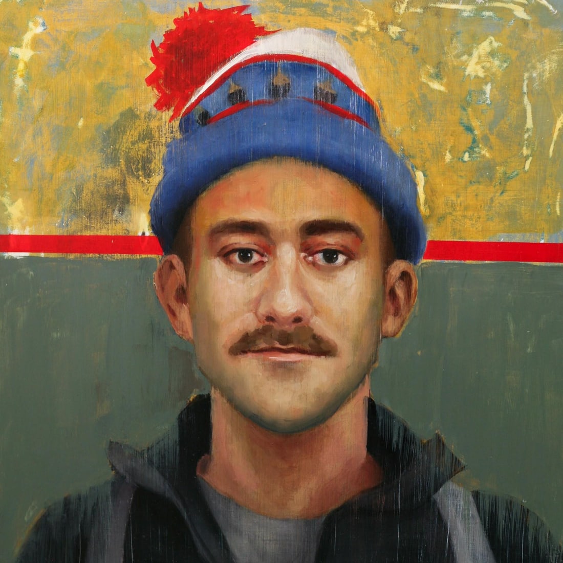 Benny by Fikriye Oz | Oil on panel Portrait of a man wearing a hat with a red pom-pom. - 2