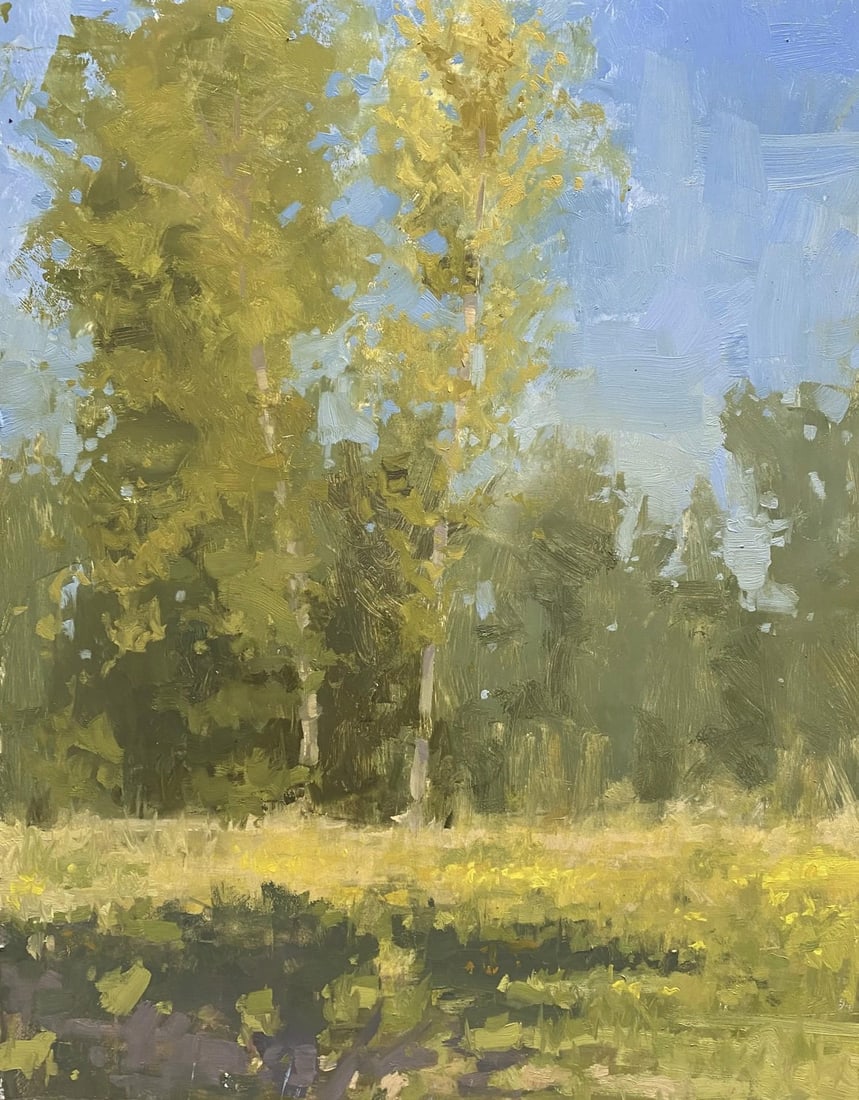 Birch Meadow by Riley Doyle | Oil on Panel Landscape with birch trees and meadow grass.: Birch Meadow captures a serene landscape where slender birch trees rise against a soft blue sky, their golden leaves shimmering in the light. The brushwork is loose and expressive, creating a sense of