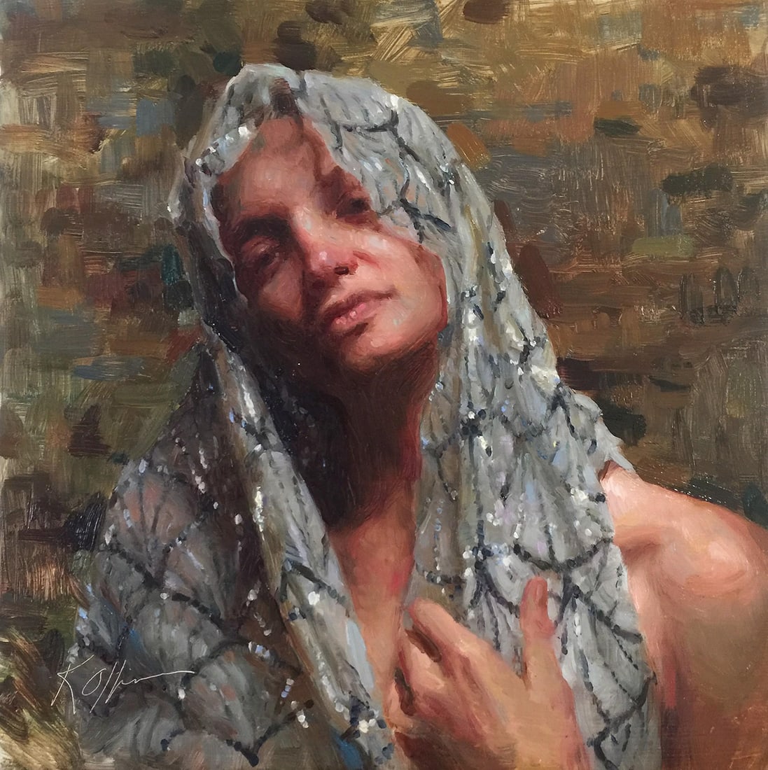 Shell by Karen Offutt | Oil on Wood Panel Portrait of a woman with a veil.: This oil painting on wood panel features a figure draped in a delicate, translucent veil, creating an intimate and contemplative atmosphere. The soft, warm tones and textured brushwork evoke a sense