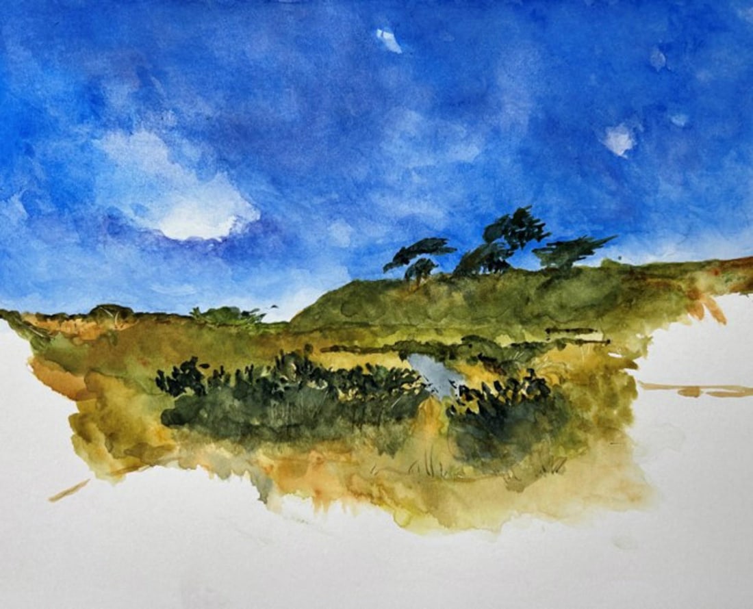 Bandon Oregon, Looking East II by Timothy J. Standring | Watercolor on paper Landscape with hills an: This watercolor on paper captures a serene landscape in Bandon, Oregon, with gentle hills and distant trees under a vibrant blue sky. The soft blending of colors creates a tranquil atmosphere, while