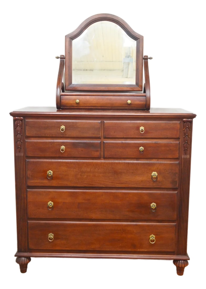 Ethan Allen Chest of Drawers and Mirror Set: Chest and Mirror by Ethan Allen. Store item #568. Solid wood construction, carved details, beveled mirror. The mirror measures 29.5" H x 28"W x 12"D. Condition: Alterations: Original Condition Unalter