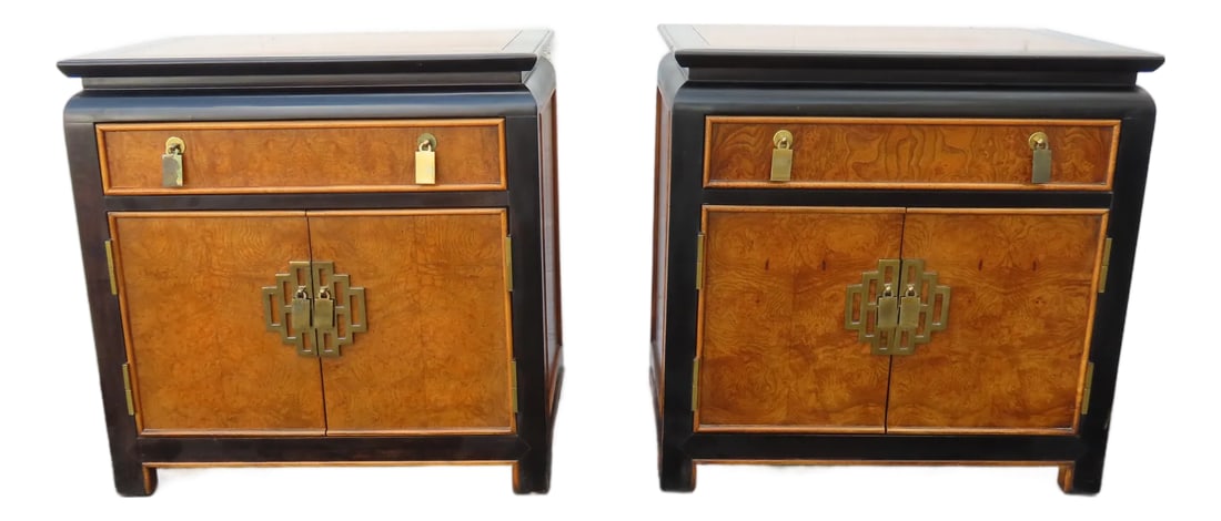 Century Hollywood Regency Chin Hua Nightstands End Bedside Tables a Pair 6618: This Pair of Nightstands is made of wood, solid wood, burlwood, and metal. The Nightstands were made by Century Furniture, and they are stamped. This Pair of Nightstands is an excellent example of the