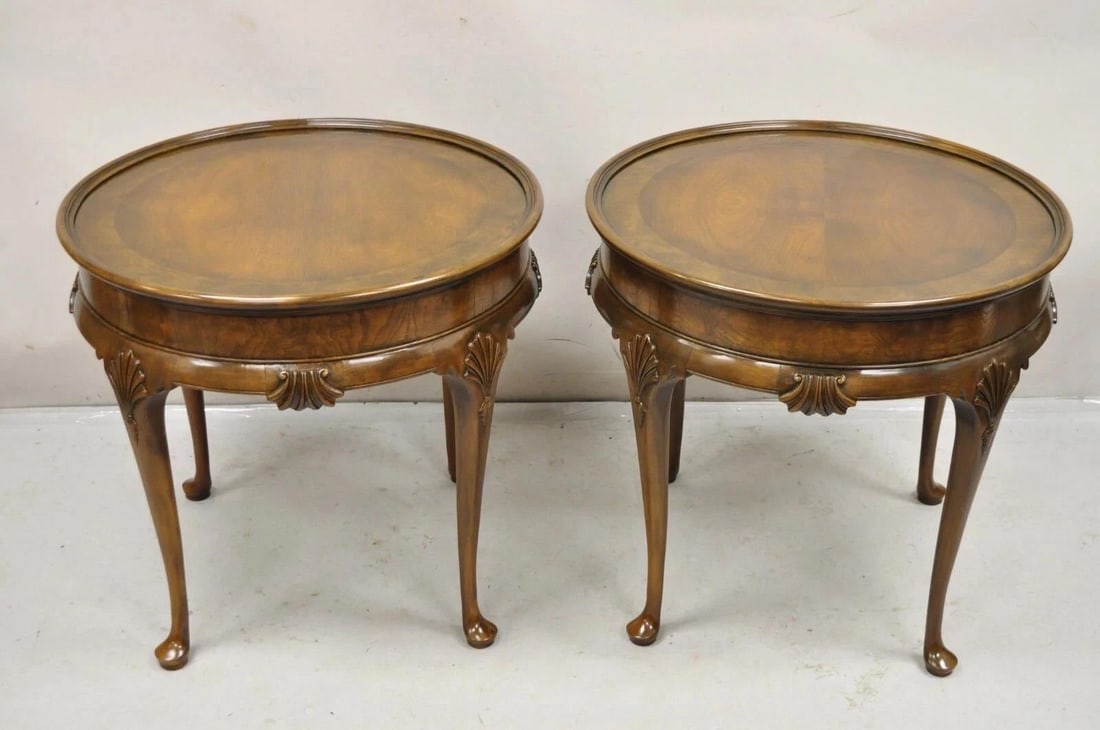 Vintage Baker English Queen Anne Style Burl Walnut Round Lamp End Tables - Pair - 10