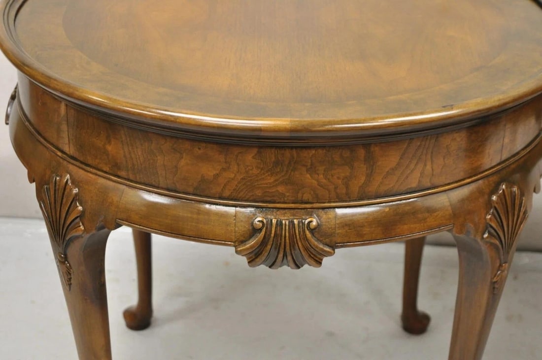 Vintage Baker English Queen Anne Style Burl Walnut Round Lamp End Tables - Pair - 12