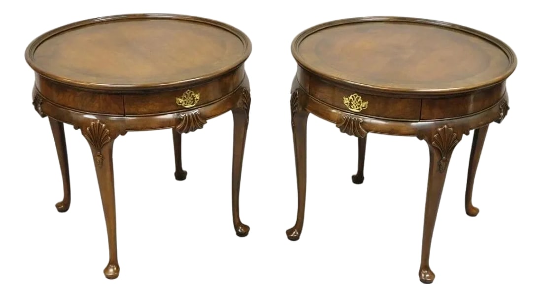 Vintage Baker English Queen Anne Style Burl Walnut Round Lamp End Tables - Pair (1 of 12)
