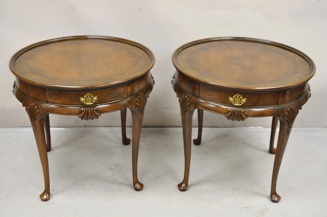 Vintage Baker English Queen Anne Style Burl Walnut Round Lamp End Tables - Pair - 2