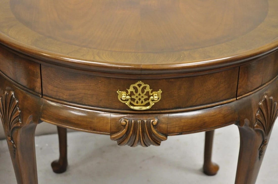 Vintage Baker English Queen Anne Style Burl Walnut Round Lamp End Tables - Pair - 3