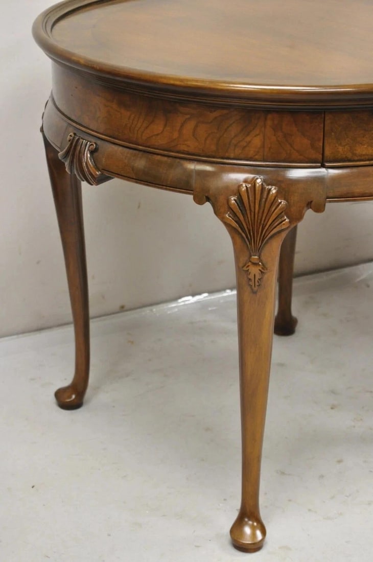 Vintage Baker English Queen Anne Style Burl Walnut Round Lamp End Tables - Pair - 4
