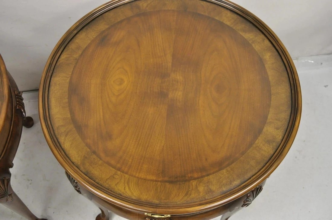 Vintage Baker English Queen Anne Style Burl Walnut Round Lamp End Tables - Pair - 5