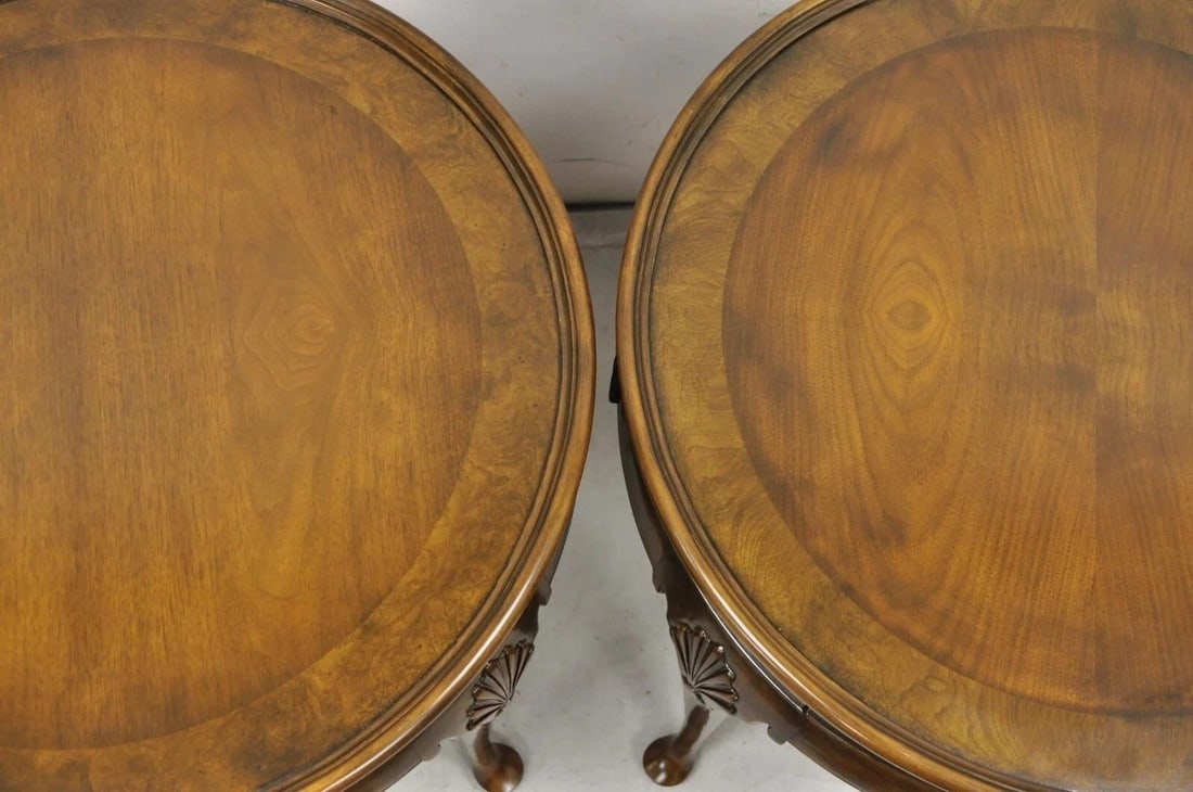 Vintage Baker English Queen Anne Style Burl Walnut Round Lamp End Tables - Pair - 6