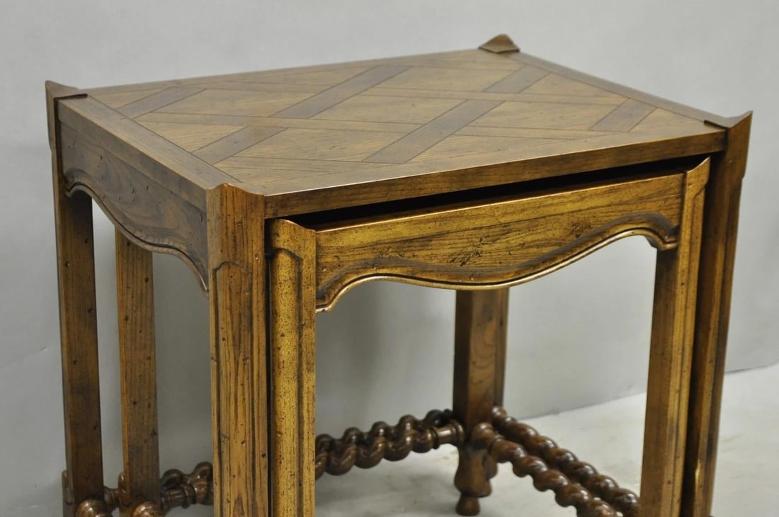 Vintage Baker Barley Twist Oak Parquetry Inlay Nesting Step Lamp Side Tables - 11