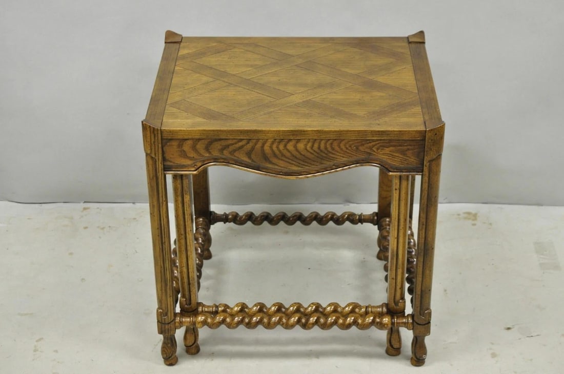 Vintage Baker Barley Twist Oak Parquetry Inlay Nesting Step Lamp Side Tables - 13