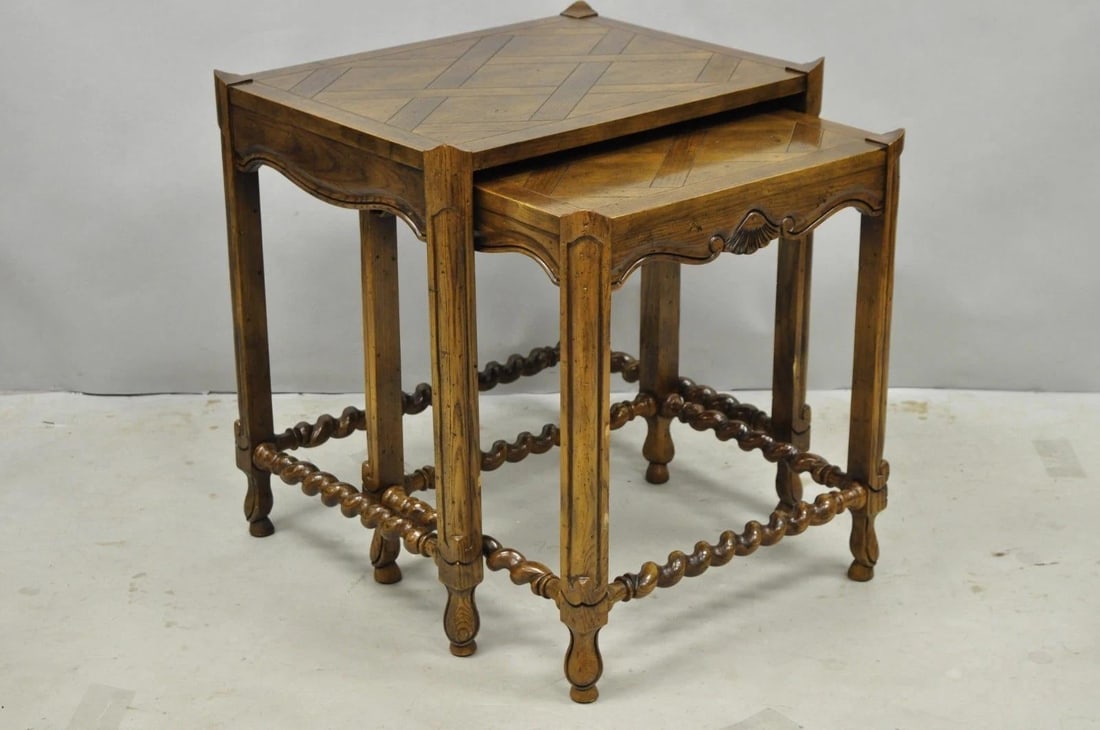 Vintage Baker Barley Twist Oak Parquetry Inlay Nesting Step Lamp Side Tables - 15