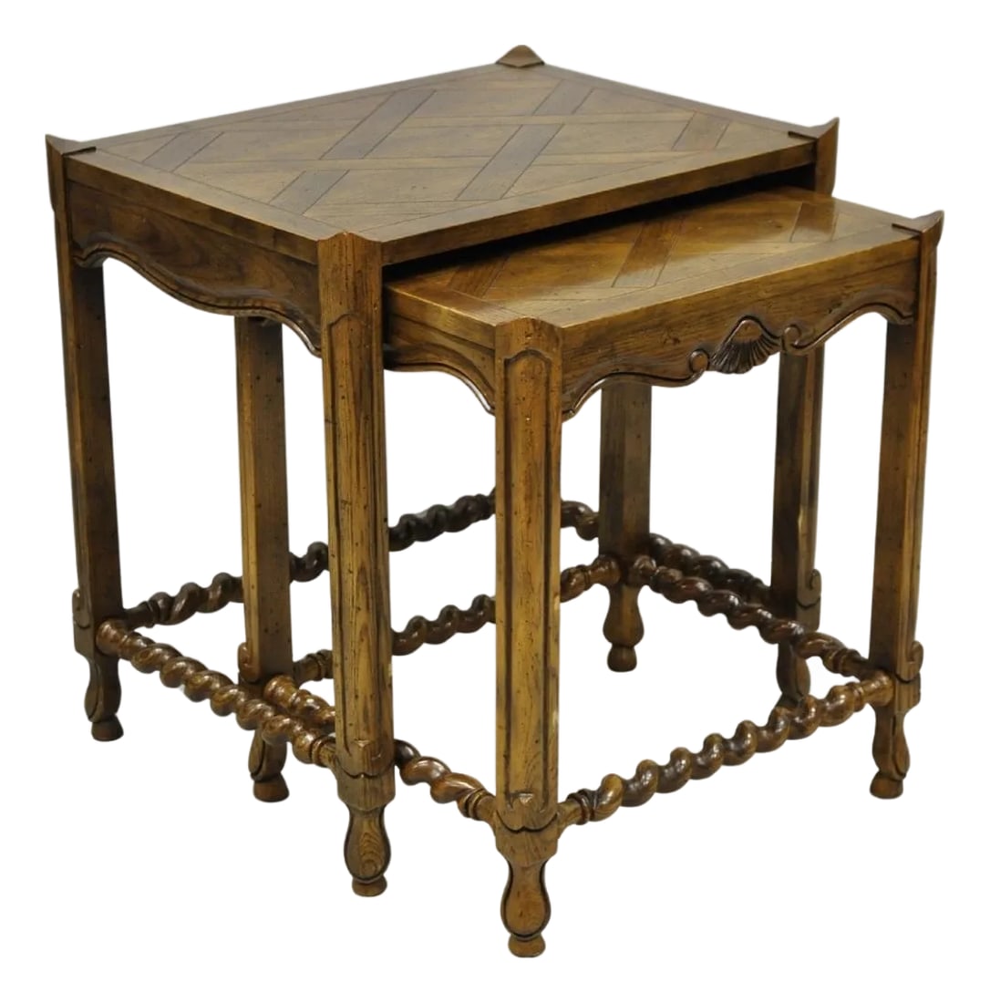 Vintage Baker Barley Twist Oak Parquetry Inlay Nesting Step Lamp Side Tables (1 of 15)