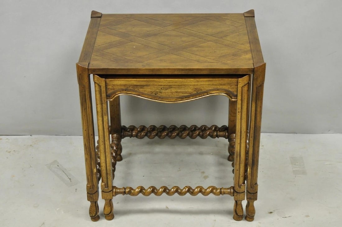 Vintage Baker Barley Twist Oak Parquetry Inlay Nesting Step Lamp Side Tables - 2
