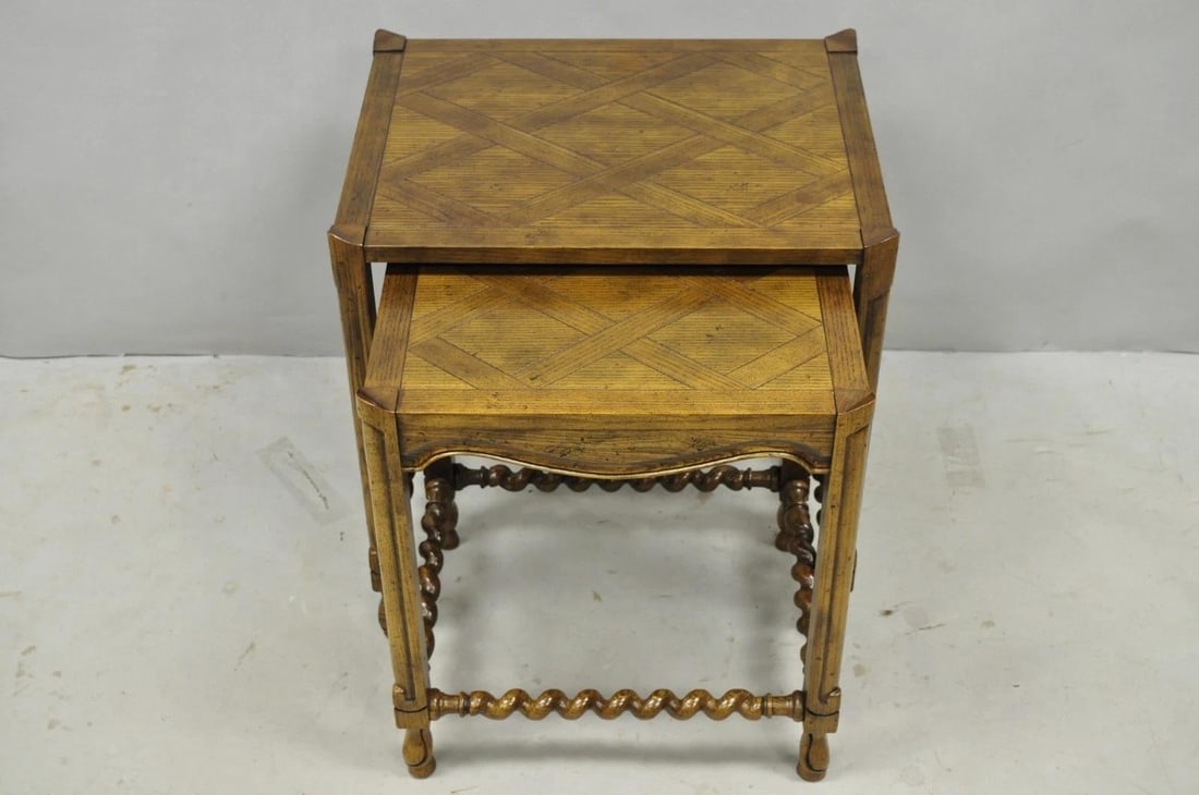 Vintage Baker Barley Twist Oak Parquetry Inlay Nesting Step Lamp Side Tables - 3