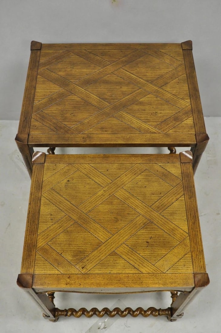 Vintage Baker Barley Twist Oak Parquetry Inlay Nesting Step Lamp Side Tables - 4