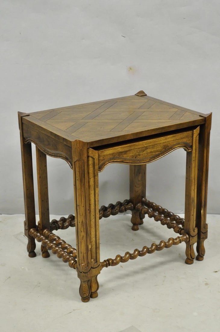 Vintage Baker Barley Twist Oak Parquetry Inlay Nesting Step Lamp Side Tables - 6