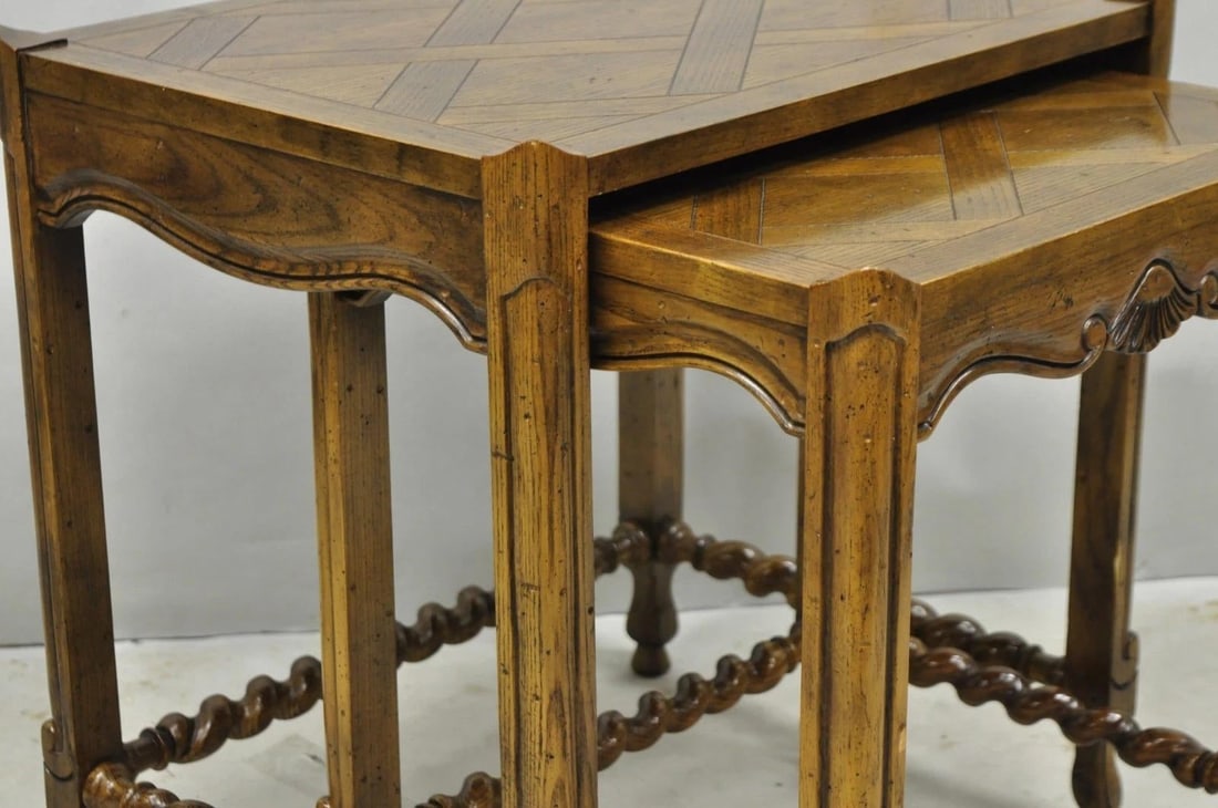 Vintage Baker Barley Twist Oak Parquetry Inlay Nesting Step Lamp Side Tables - 7
