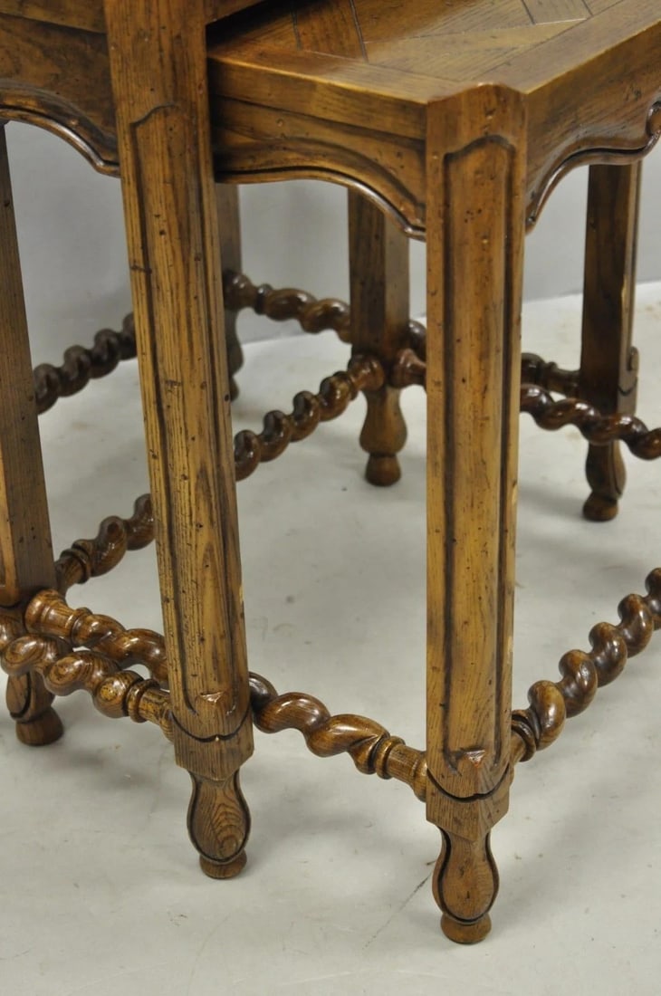 Vintage Baker Barley Twist Oak Parquetry Inlay Nesting Step Lamp Side Tables - 9