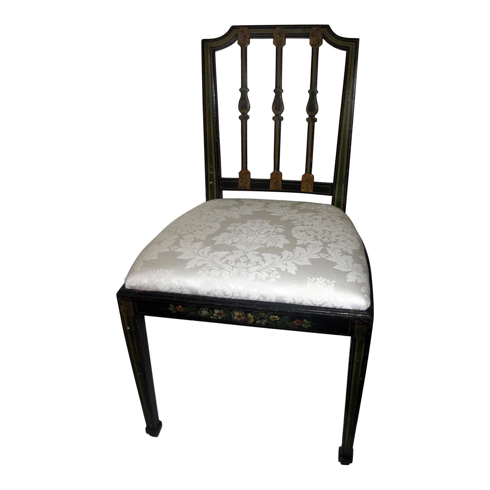 19th century George III Painted Side Chair in the Hepplewhite Style: Early 19th century painted hard wood side chair with spade feet. Hand-painted in lovely colors with a floral, lyre and linear motif. Beautifully aged original and unrestored paintwork. The reinforced 