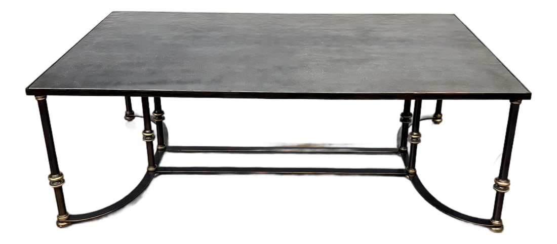 Rectangular Industrial Style/Casual Coffee Table by Century Furniture: This is the Arezzo Coffee Table from the Grand Tour Collection of Century Furniture. It's Industrial design features a mildly distressed gray metal top with brass button accents and an oil rubbed bron